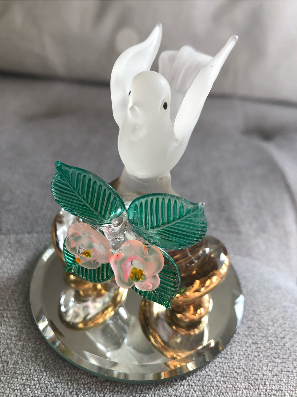 White dove wedding bells gold accents glass figurine keepsake decor